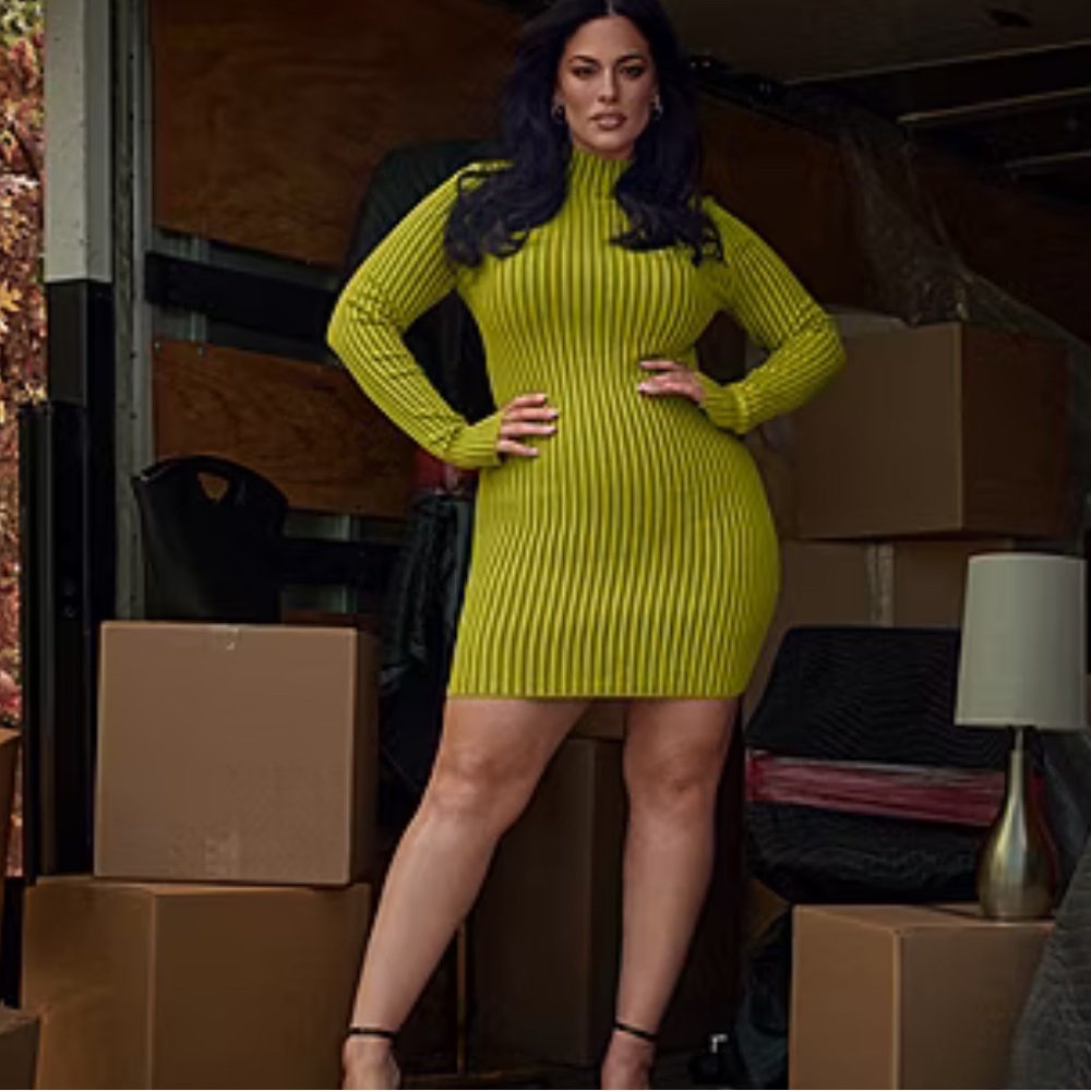 Ashley Graham Ribbed High-Neck Long Sleeve Sweater Dress - Olive Sz 2X NWT